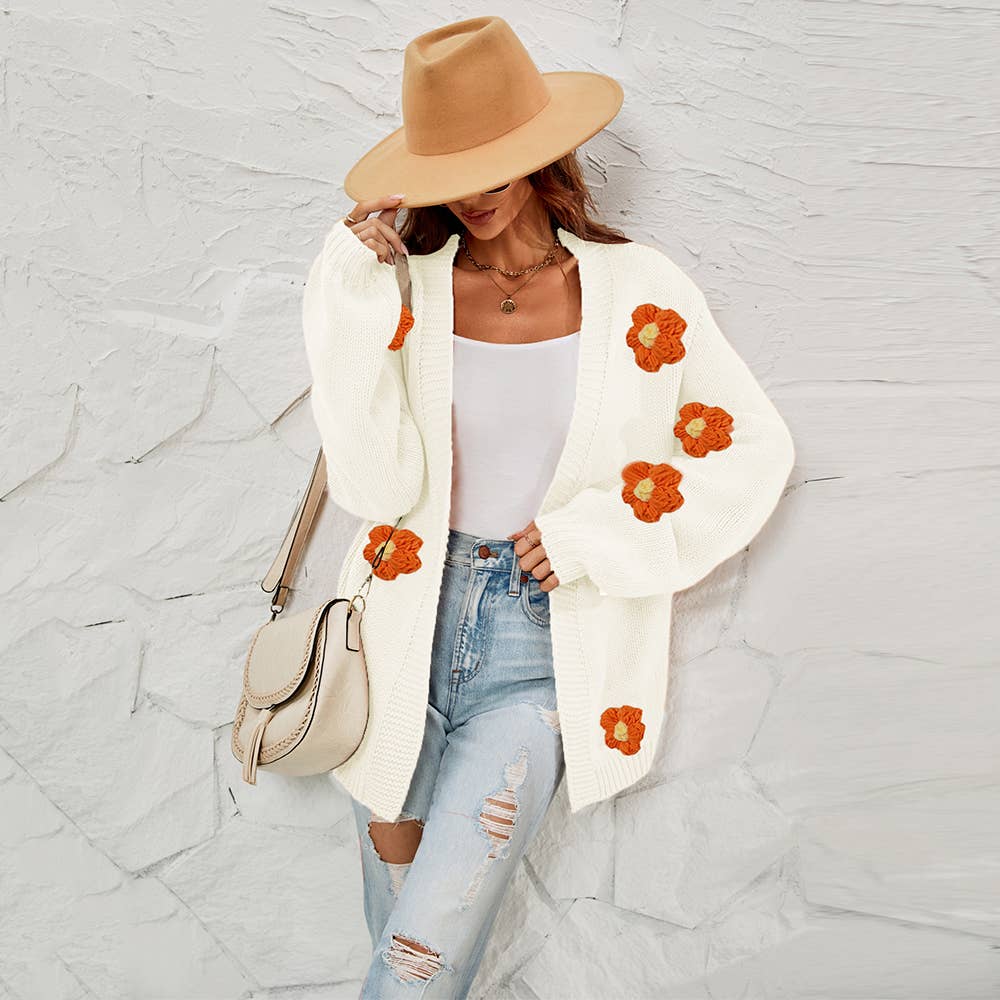 Flower cardigan lantern sleeve sweater coat