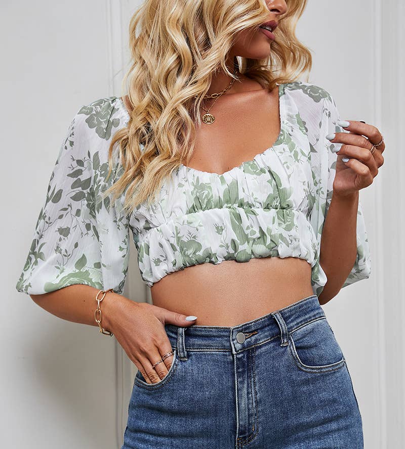 Floral puffed sleeve chiffon crop top