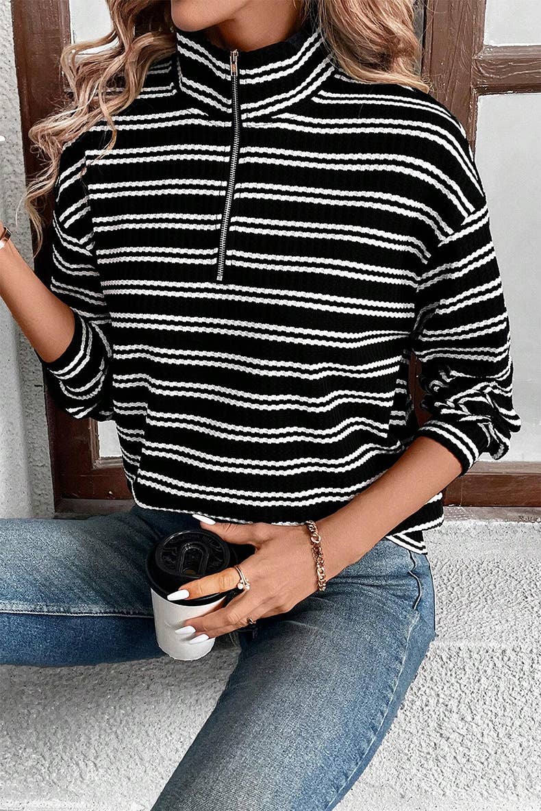 ZIPPER COLLAR LONG SLEEVE PRINT TEXTURE HOODIE