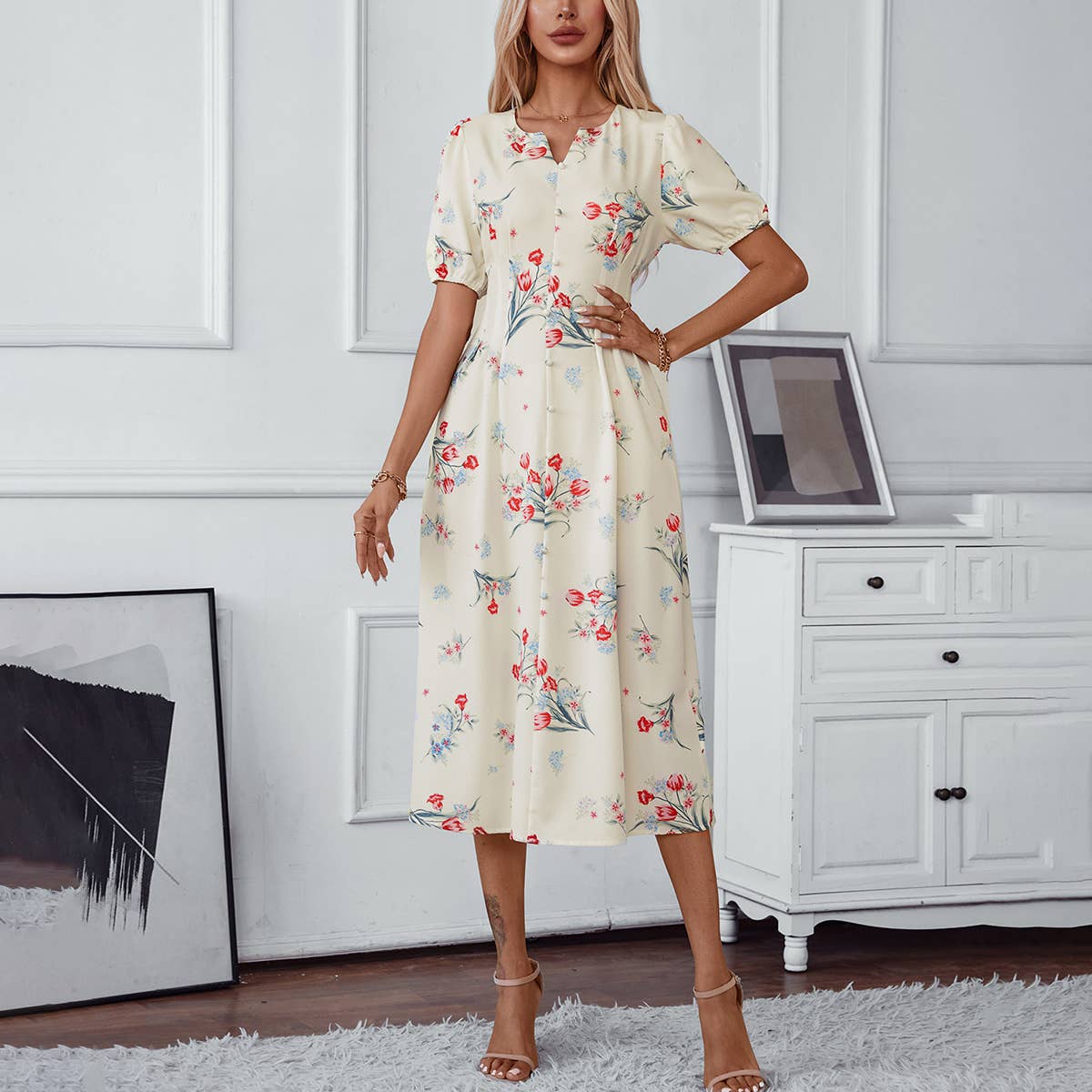 FLORAL PRINT NOTCH V-NECK ELEGANT LONG DRESS