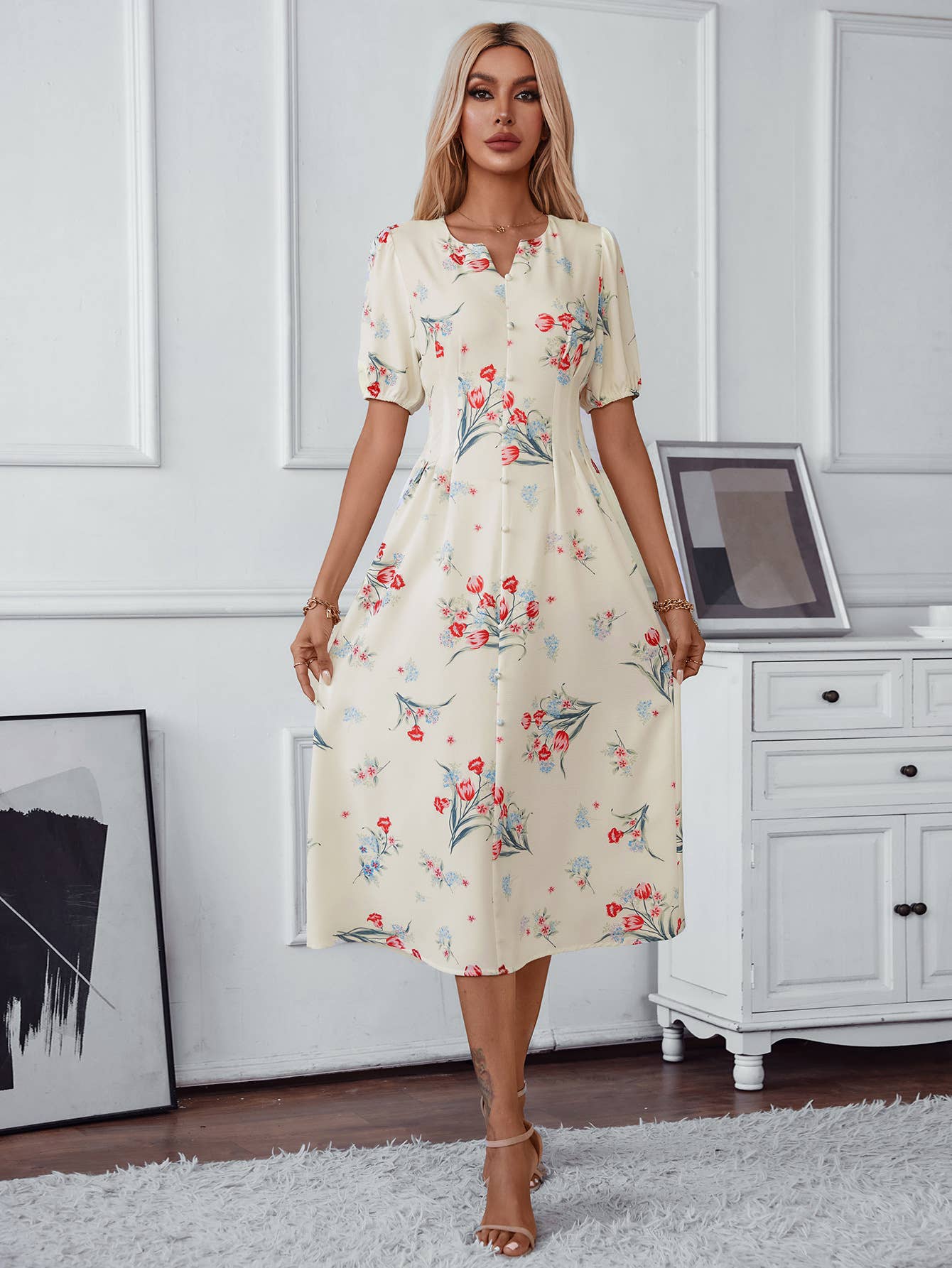 FLORAL PRINT NOTCH V-NECK ELEGANT LONG DRESS