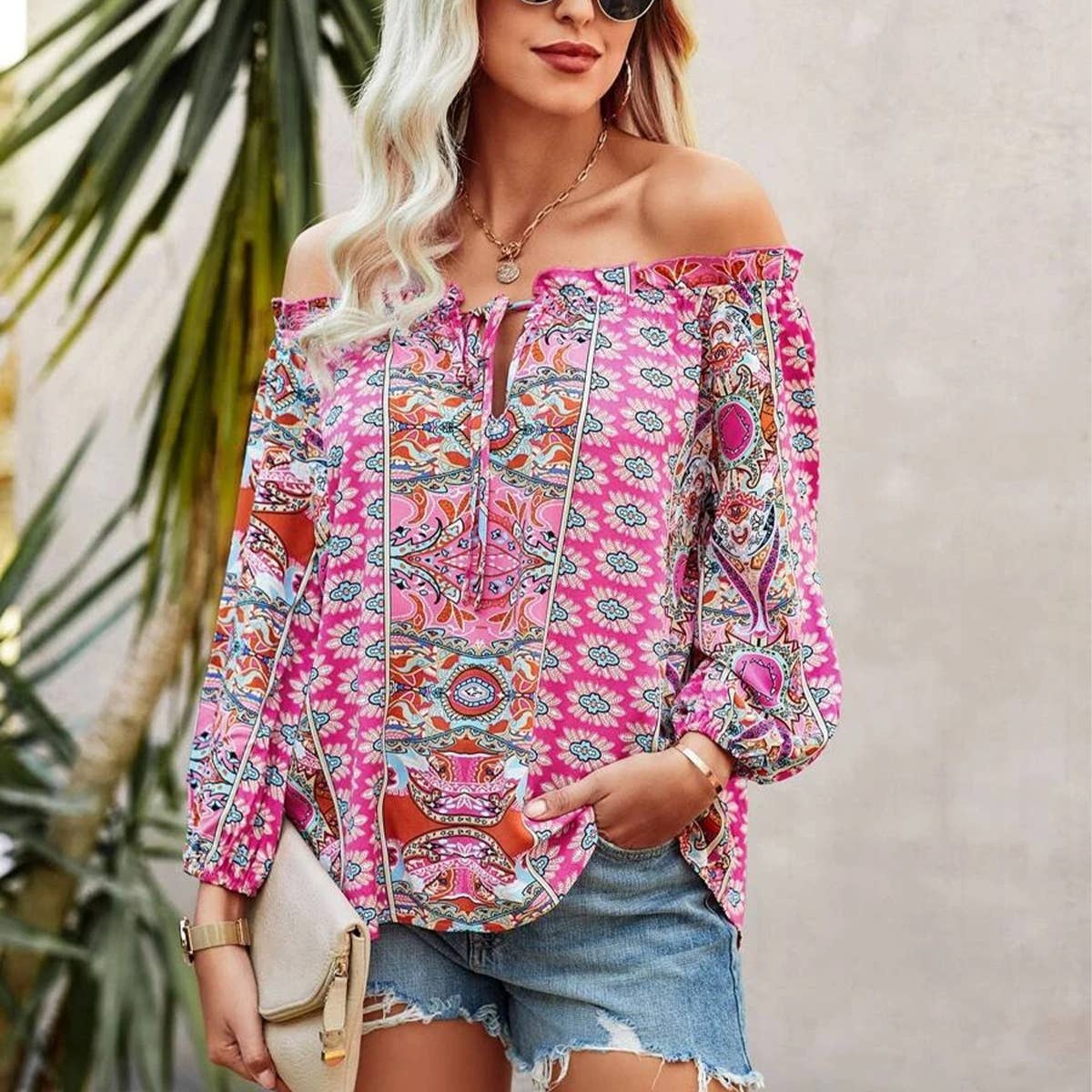 FLORAL PRINT OFF-THE-SHOULDER RUFFLED KNOT SHIRT