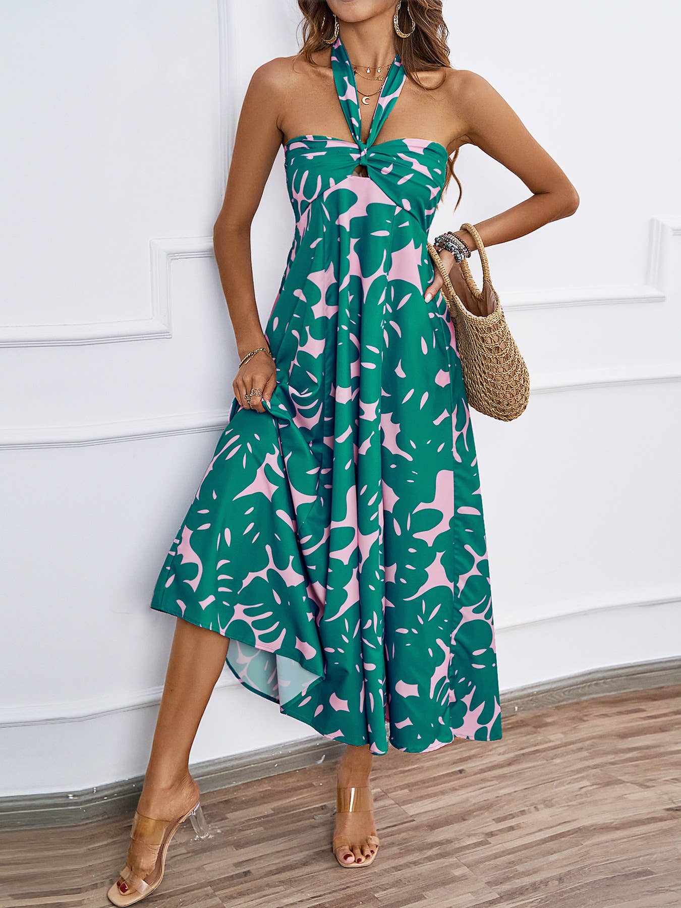 FLORAL PRINT HOLLOWED LACE HALTER LONG DRESS