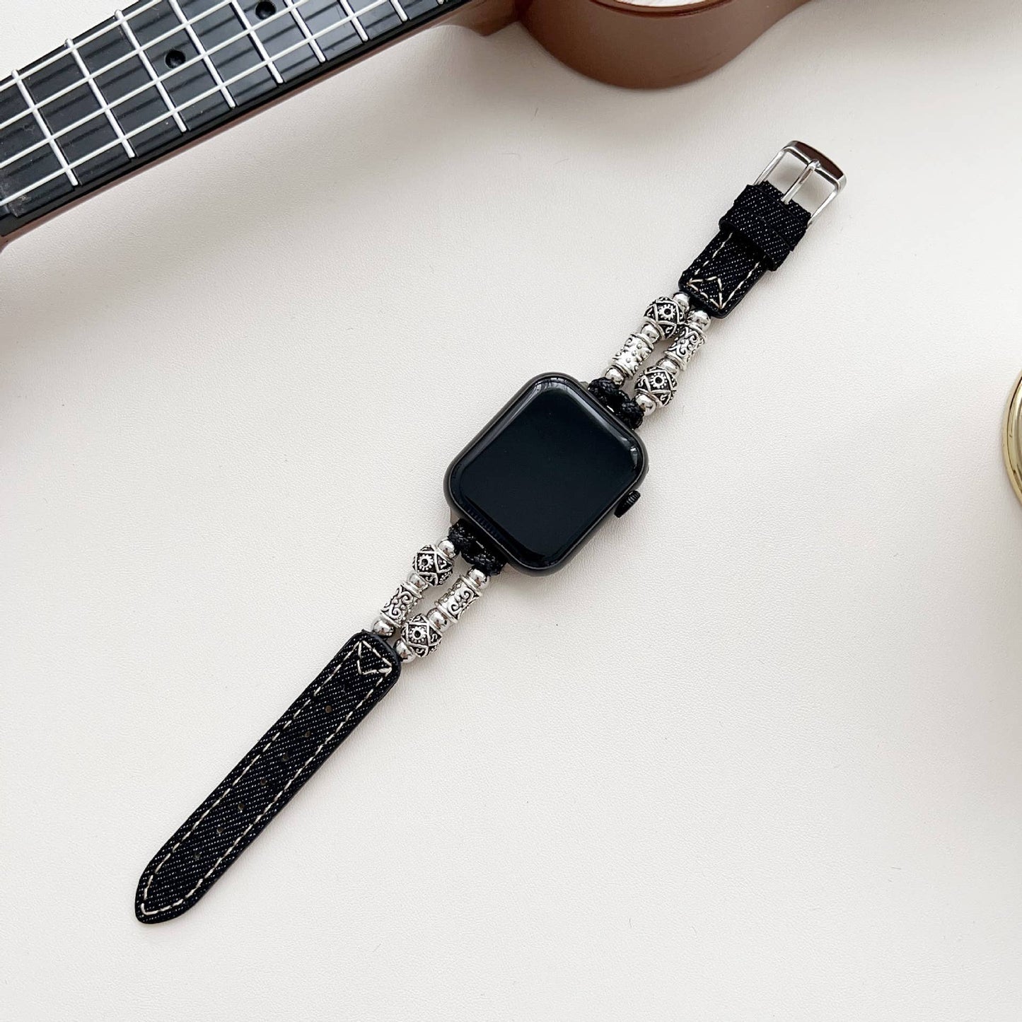 IWATCH9-1 TIBETAN SILVER DENIM LEATHER STRAP