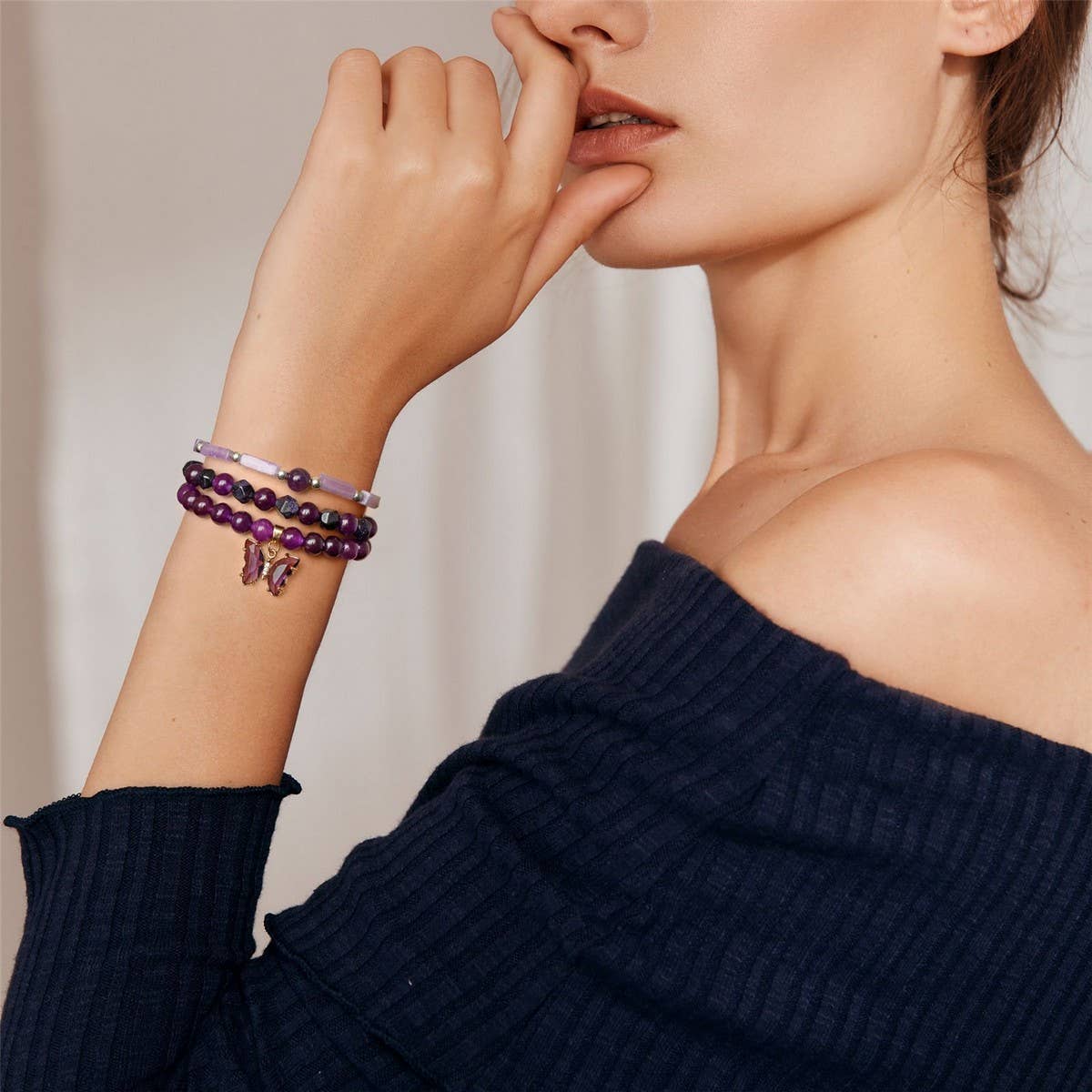 CWAJE4297_SIMPLE BUTTERFLY AMETHYST THREE-PIECE BRACELE
