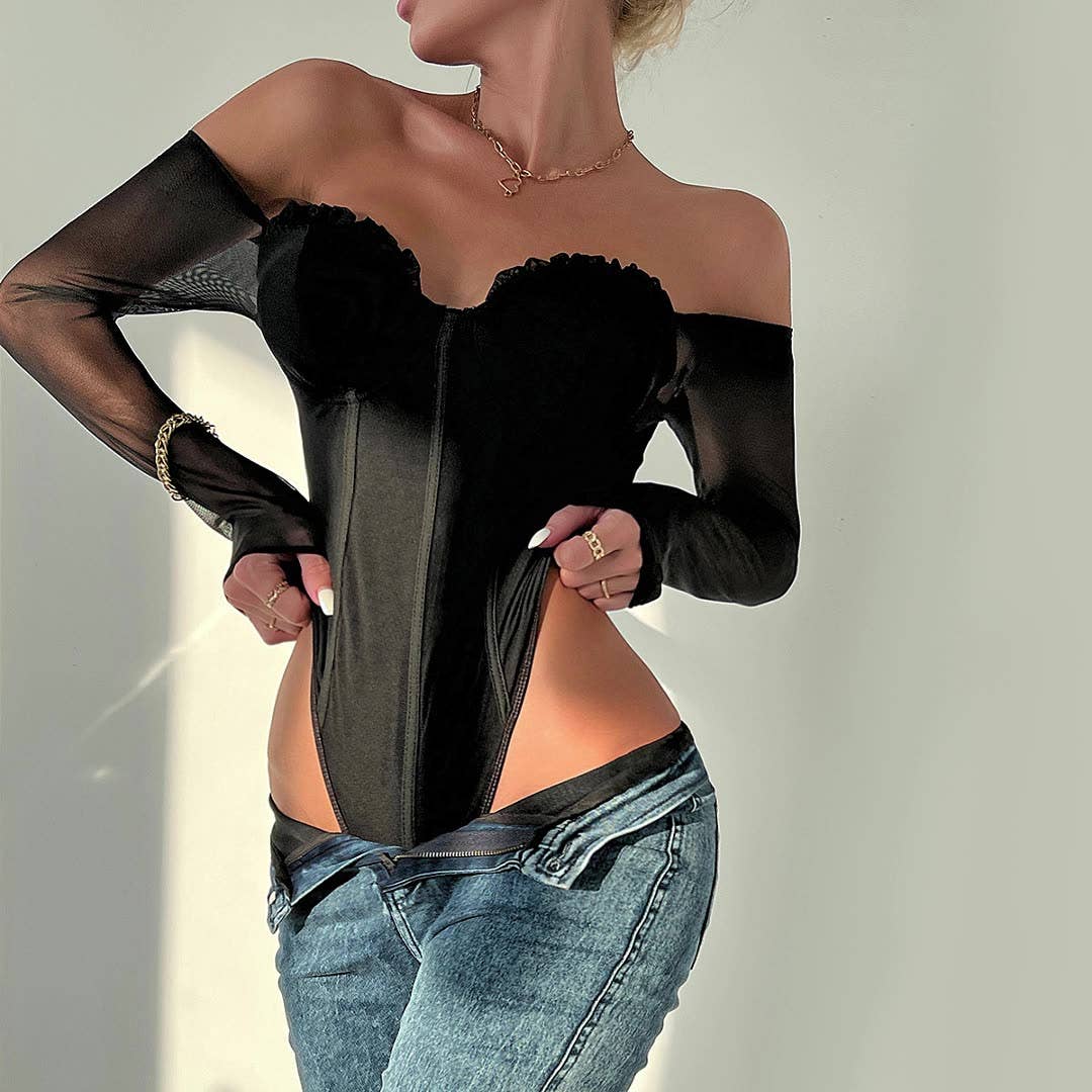 SEXY DOUBLE-LAYER MESH RUFFLED BODYSUIT