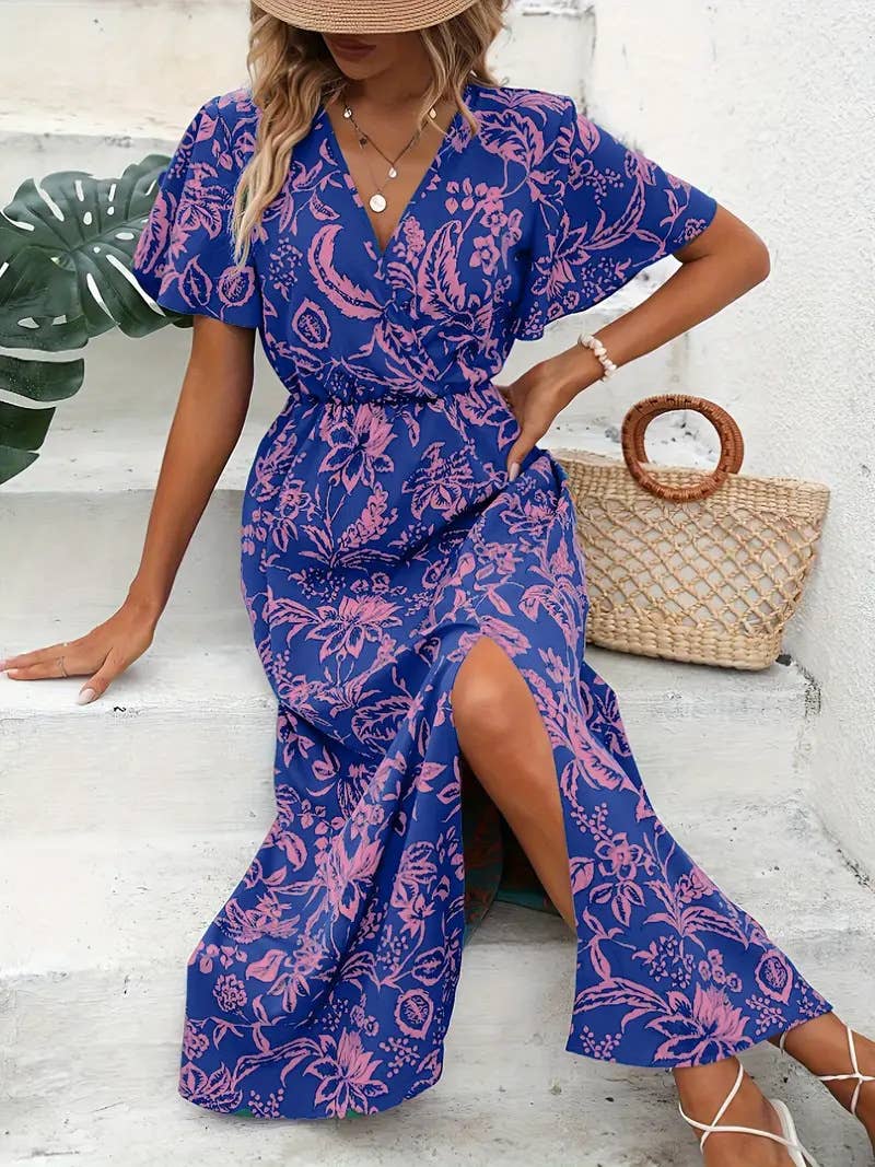 Floral printed V-neck A-line cinched waist dress
