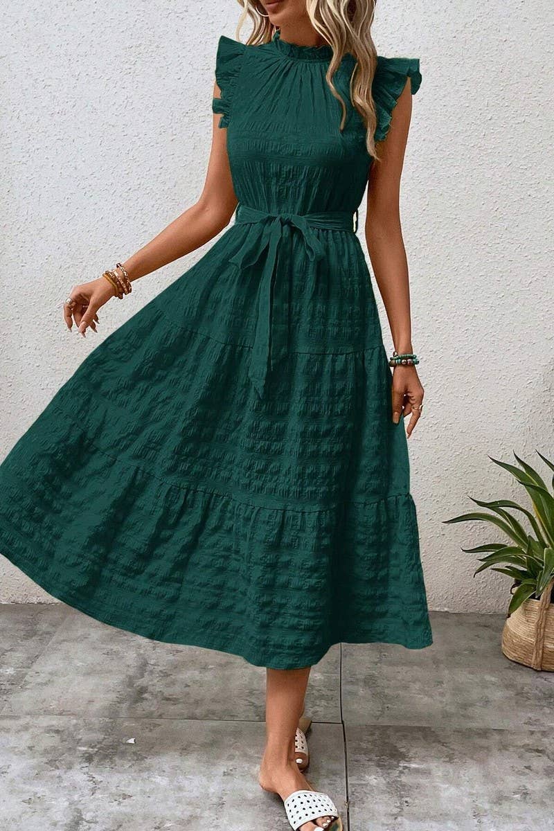 CWDMD4952_SUMMER RUFFLED FLYING SLEEVES TEXTURED DRESS