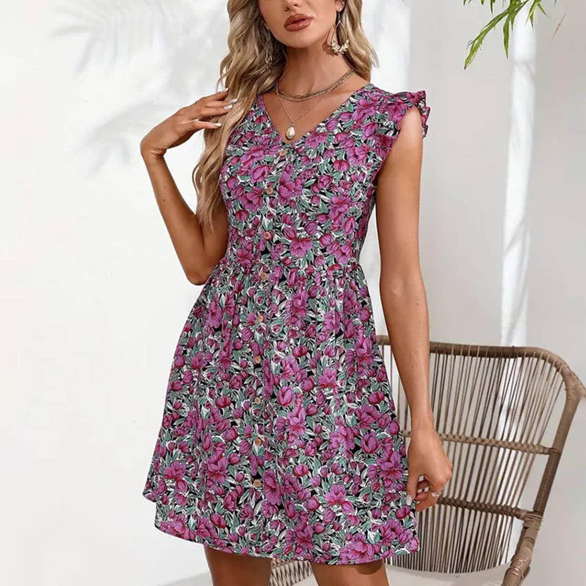 Floral waistline short dress_CWDSD3409