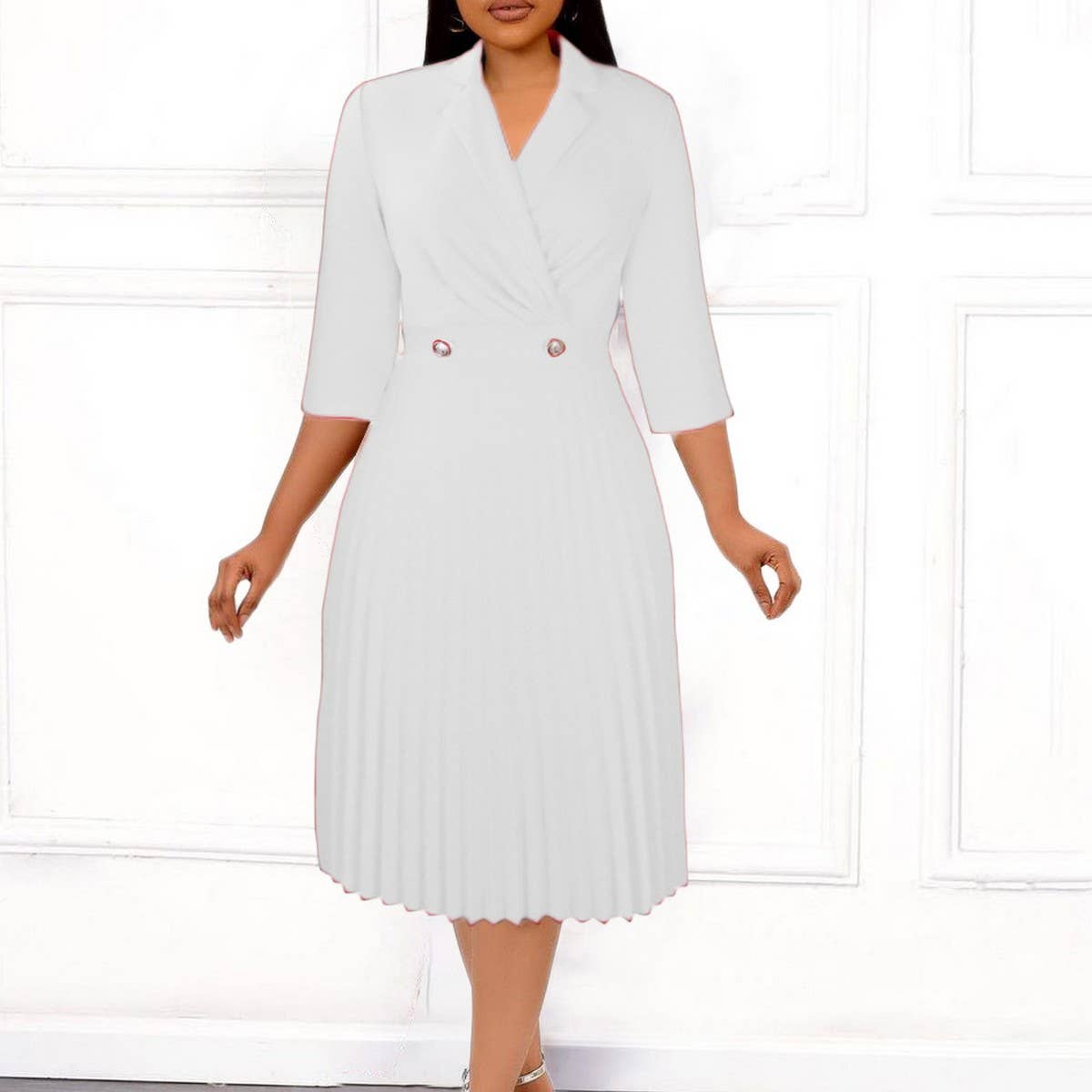 SOLID COLOR ELEGANT SUITCOLLAR PLEATED LAPEL DRESS_CWDMD3718