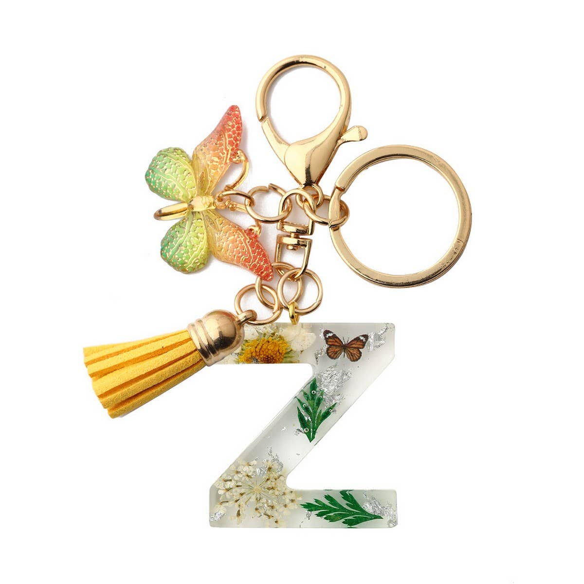 Flower Letter Keychain with Yellow Butterfly Charm_CWAB5090