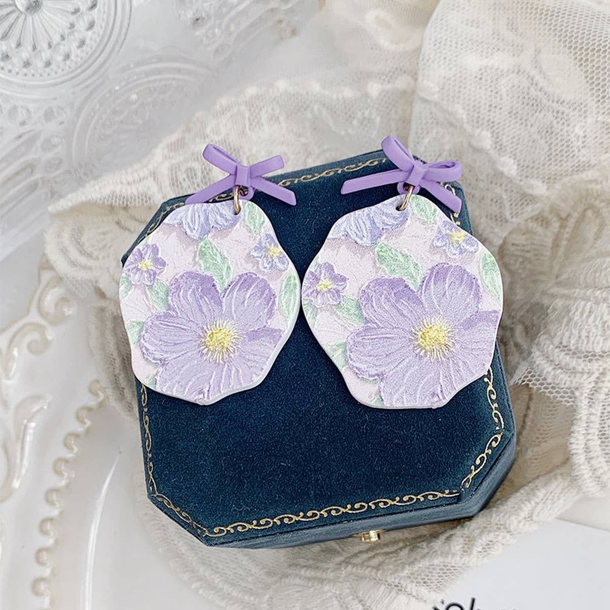 ROMANTIC PURPLE OIL PAINTING FLOWER ART EARRINGS