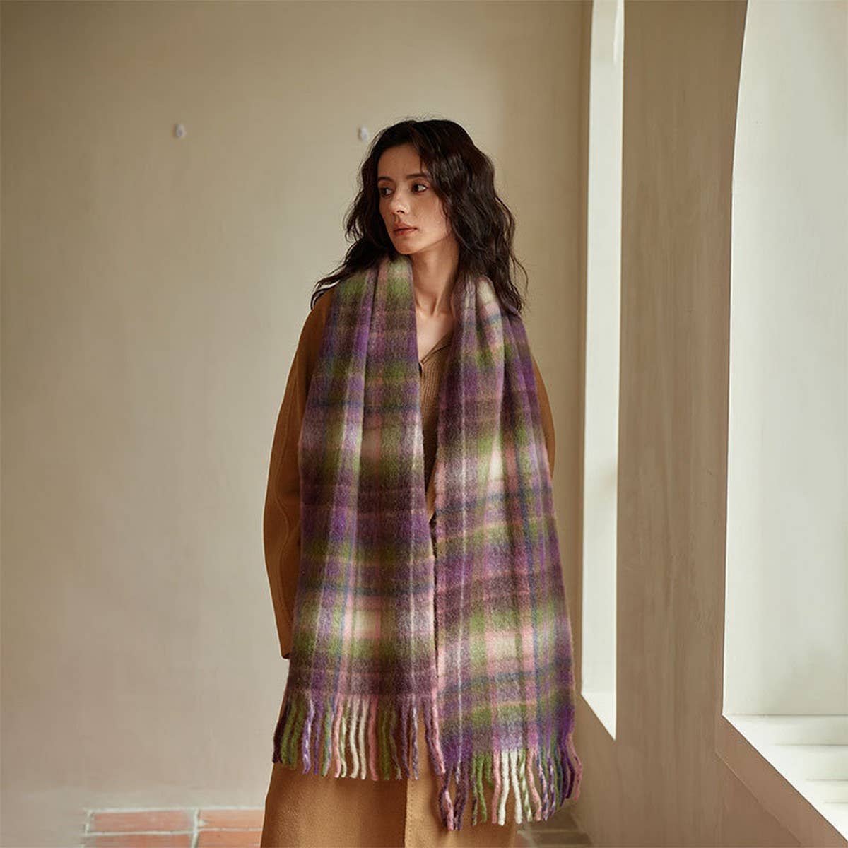 Purple Pink Wool Blend Plaid Scarf - Winter Warmth_CWASC2334