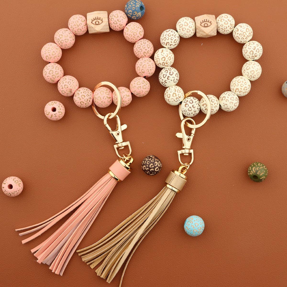 Leopard & Plaid Bead Bracelet Keychain Tassel