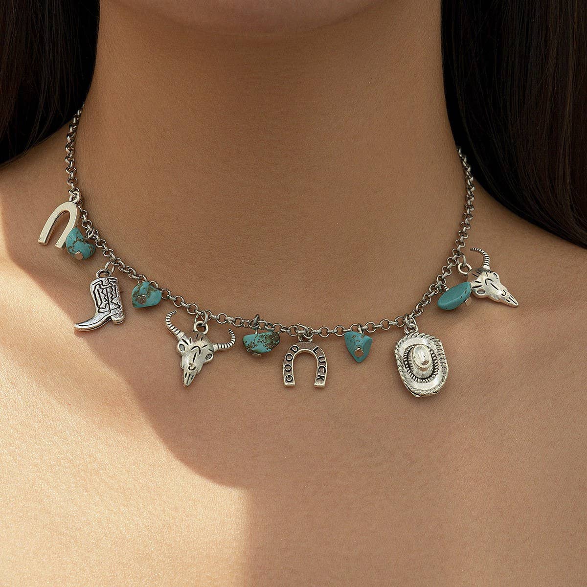 WESTERN COWBOY HAT TURQUOISE MULTI-LAYER NECKLACE