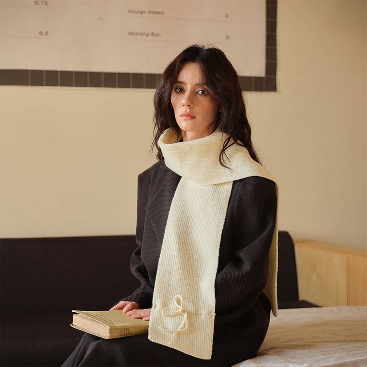 Bowknot woolen knitted solid color narrow scarf_CWASC2324