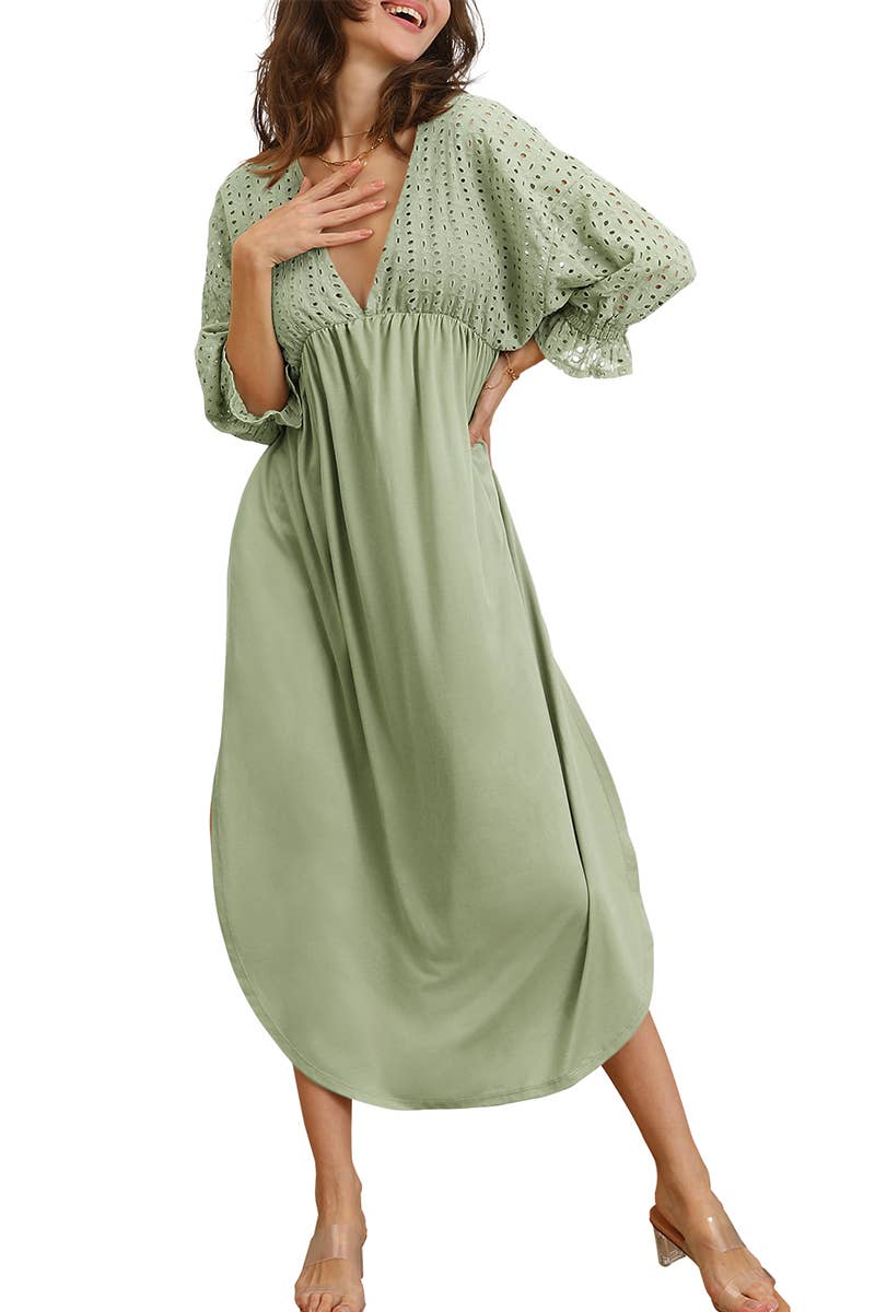 CWDMD795_3/4 SLEEVE V NECK LONG DRESS