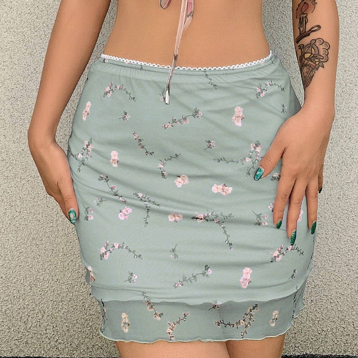 PRINTED MESH SKIRT DOUBLE LAYER SLIM HIP SKIRT_CWAB4794
