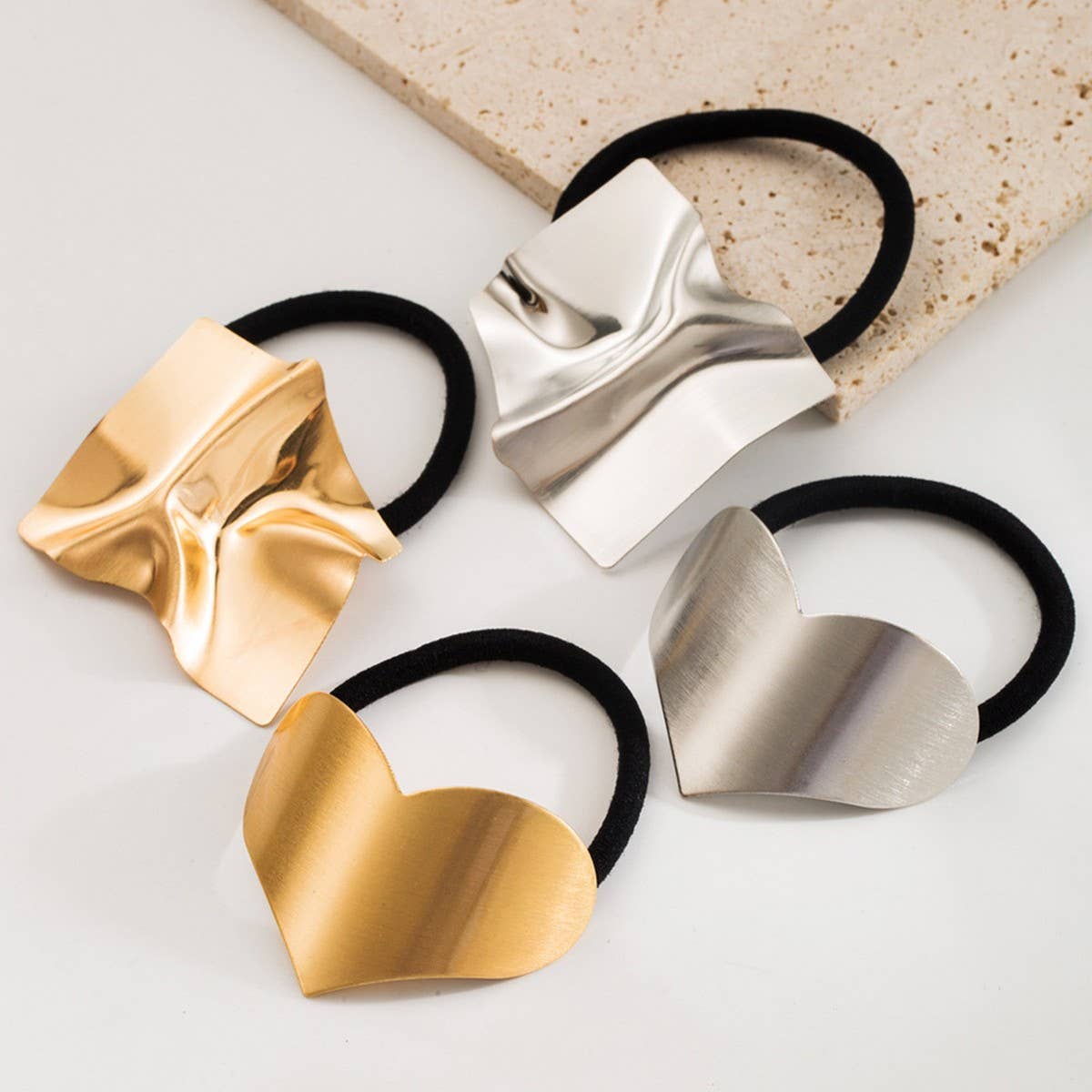 Glossy Metal Heart Geometric Elastic Hair Tie