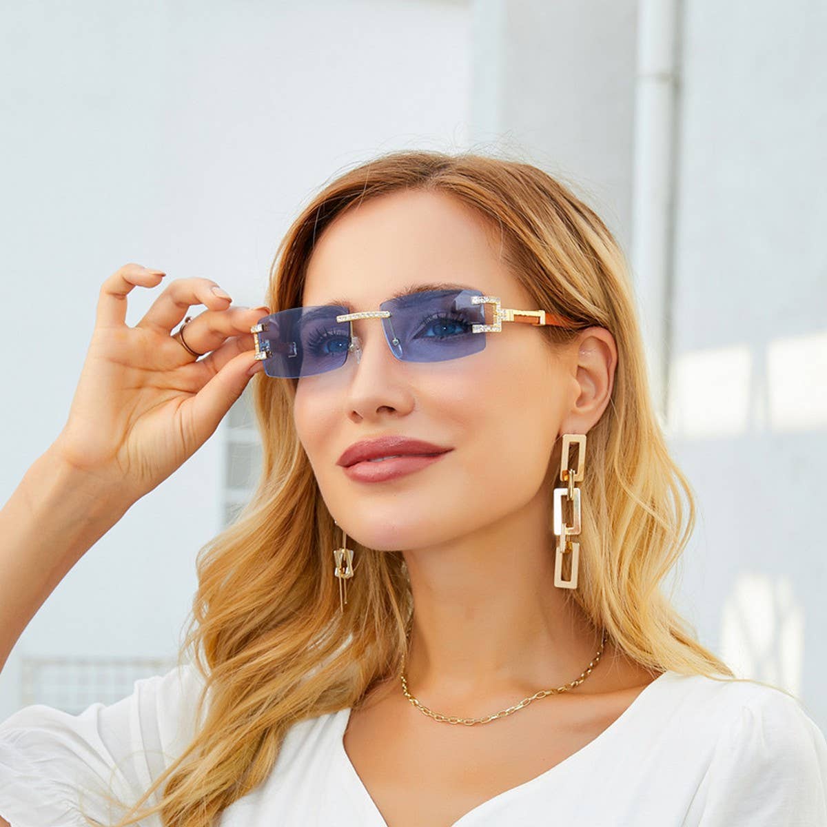 VINTAGE FAUX WOOD FRAMELESS DIAMOND SUNGLASSES