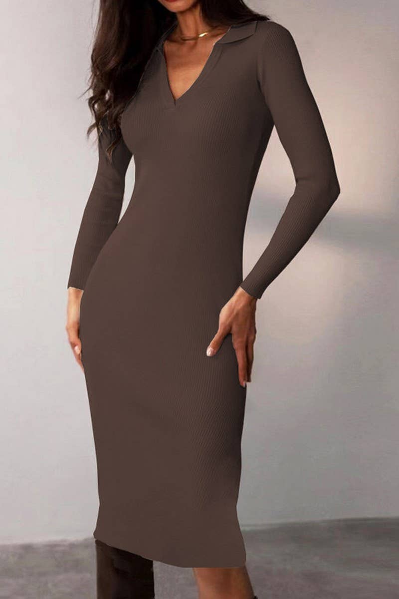 CWDMD4901_SOLID COLOR DEEP V LAPEL SLIM DRESS