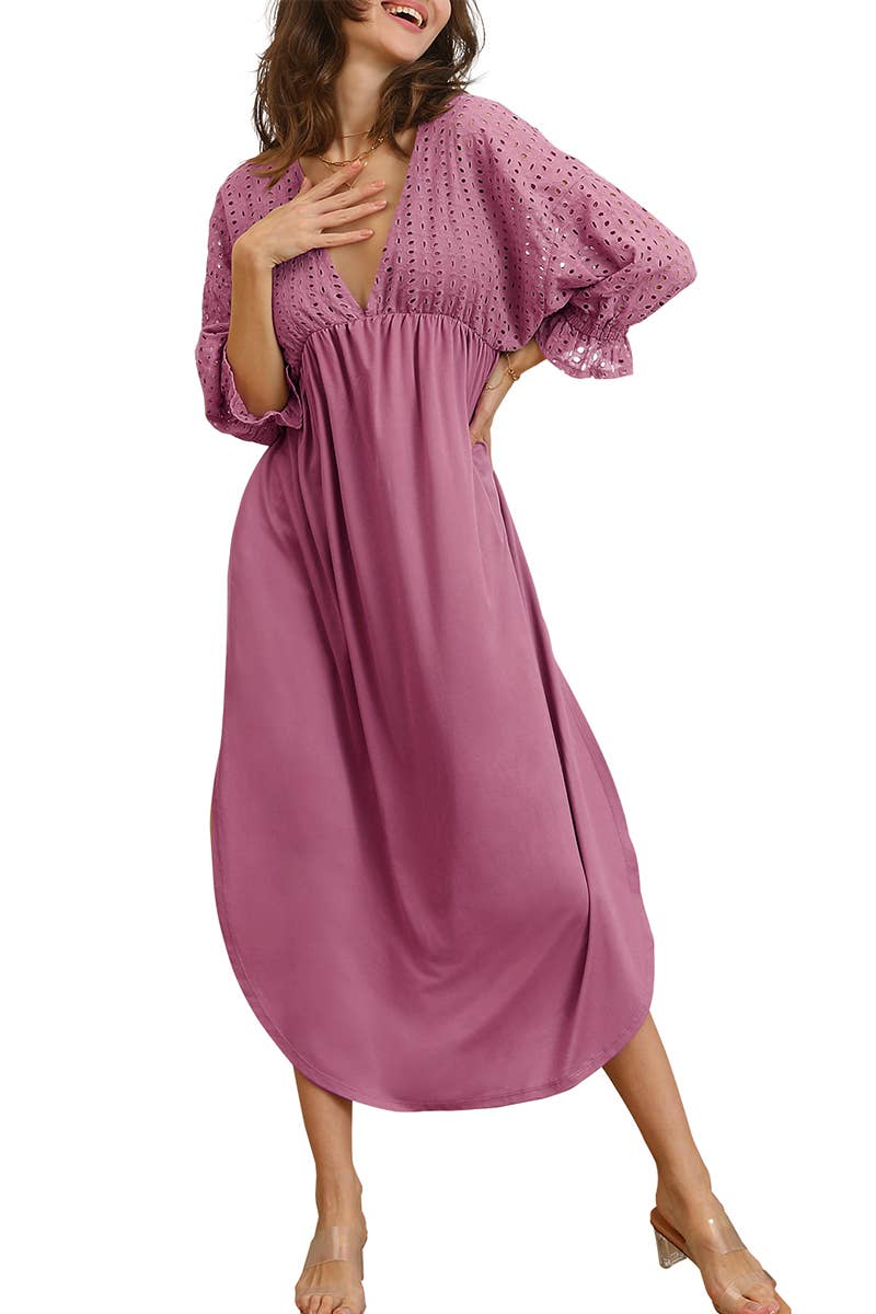 CWDMD795_3/4 SLEEVE V NECK LONG DRESS