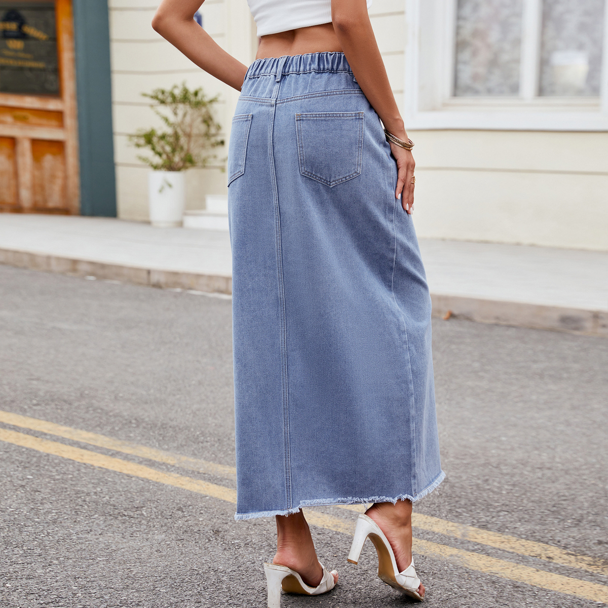 Women?™s Washed Denim Maxi Skirt Asymmetrical_CWJSK0205