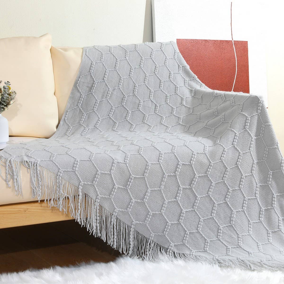 KNITTED SIMPLE THIN TASSEL SOFA BLANKET
