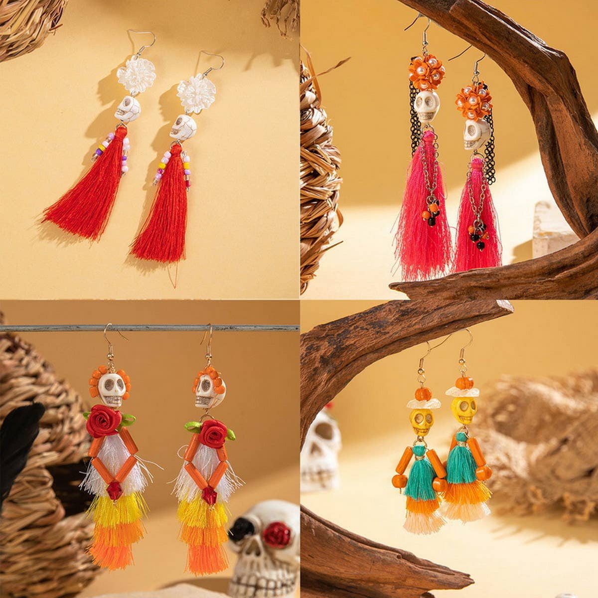 HALLOWEEN SKULL TASSEL RICE BEAD EARRINGS