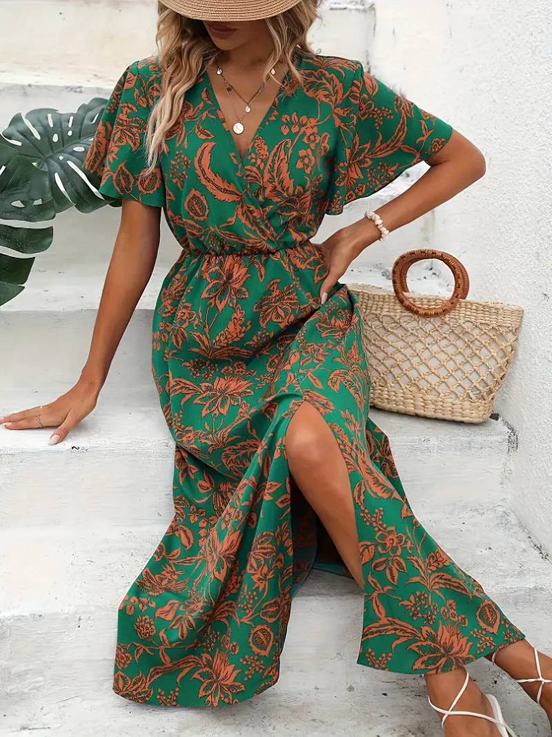 Floral printed V-neck A-line cinched waist dress