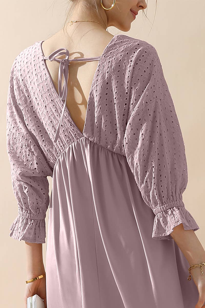 CWDMD795_3/4 SLEEVE V NECK LONG DRESS