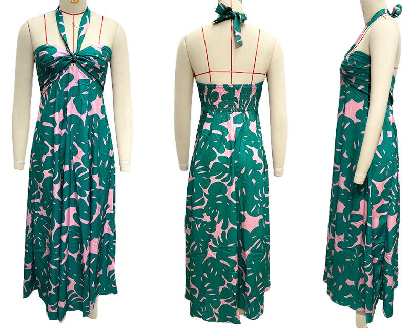 FLORAL PRINT HOLLOWED LACE HALTER LONG DRESS