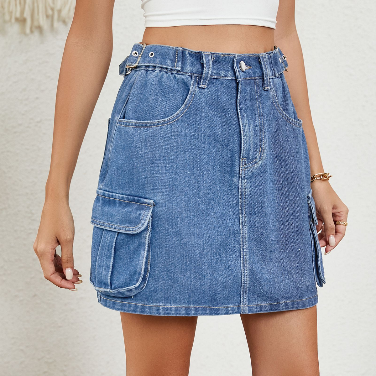 Women?™s Washed Denim Mini Skirt Adjustable Waist_CWJSK0215