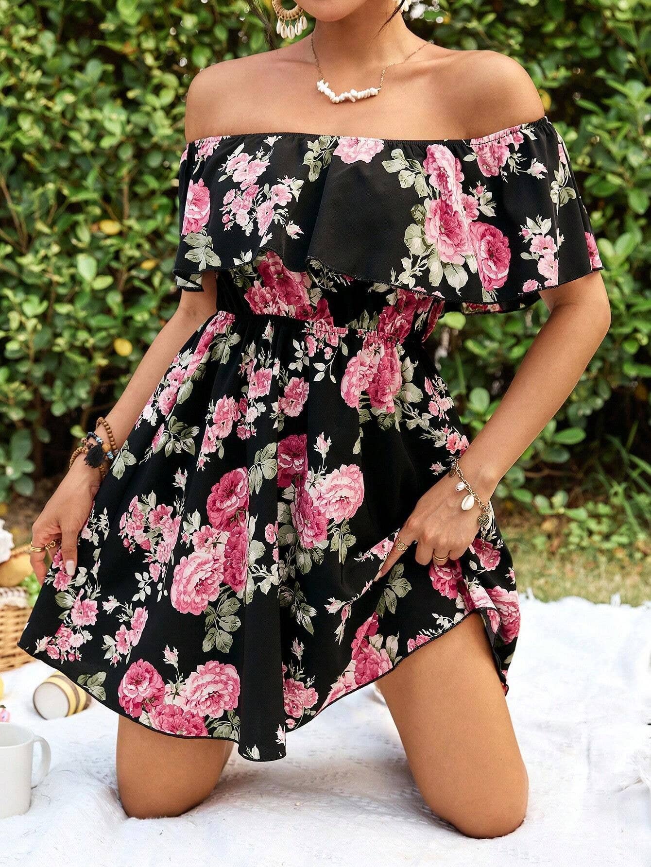 Floral printed off-the-shoulder dress