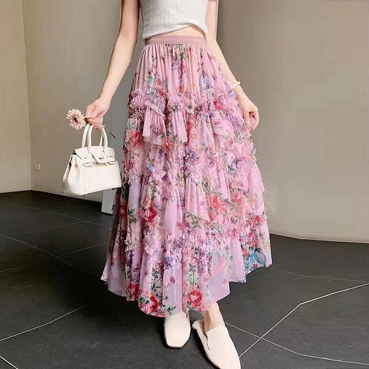 COLORFUL FLORAL MESH PRINT PLEATED TULLE SKIRT