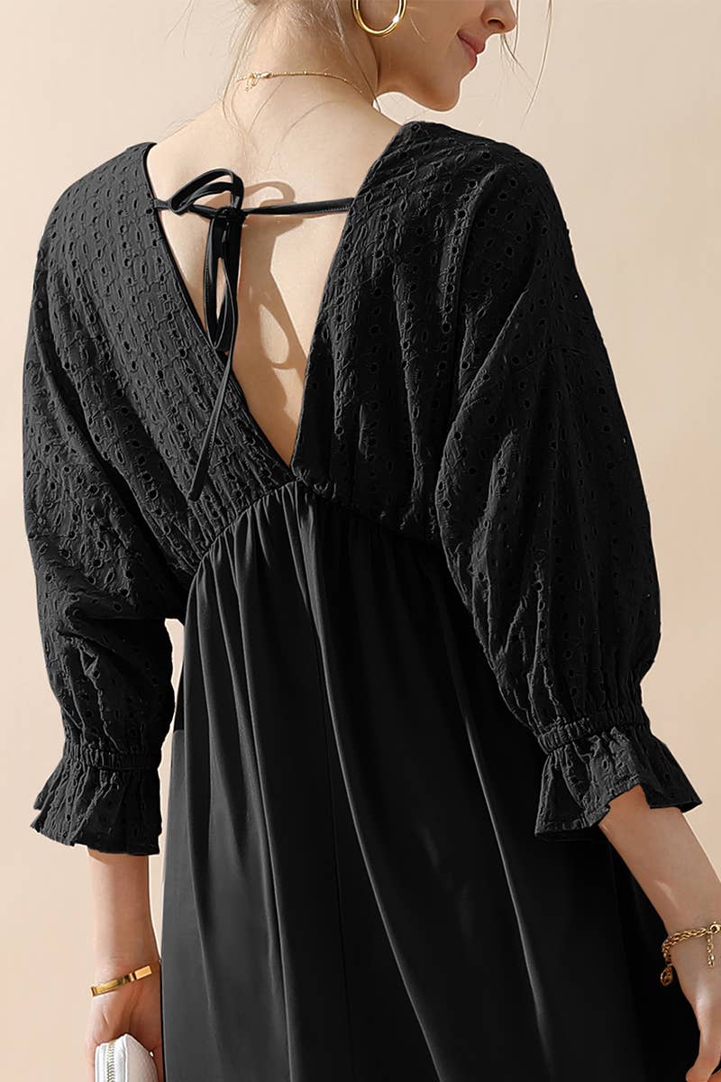 CWDMD795_3/4 SLEEVE V NECK LONG DRESS