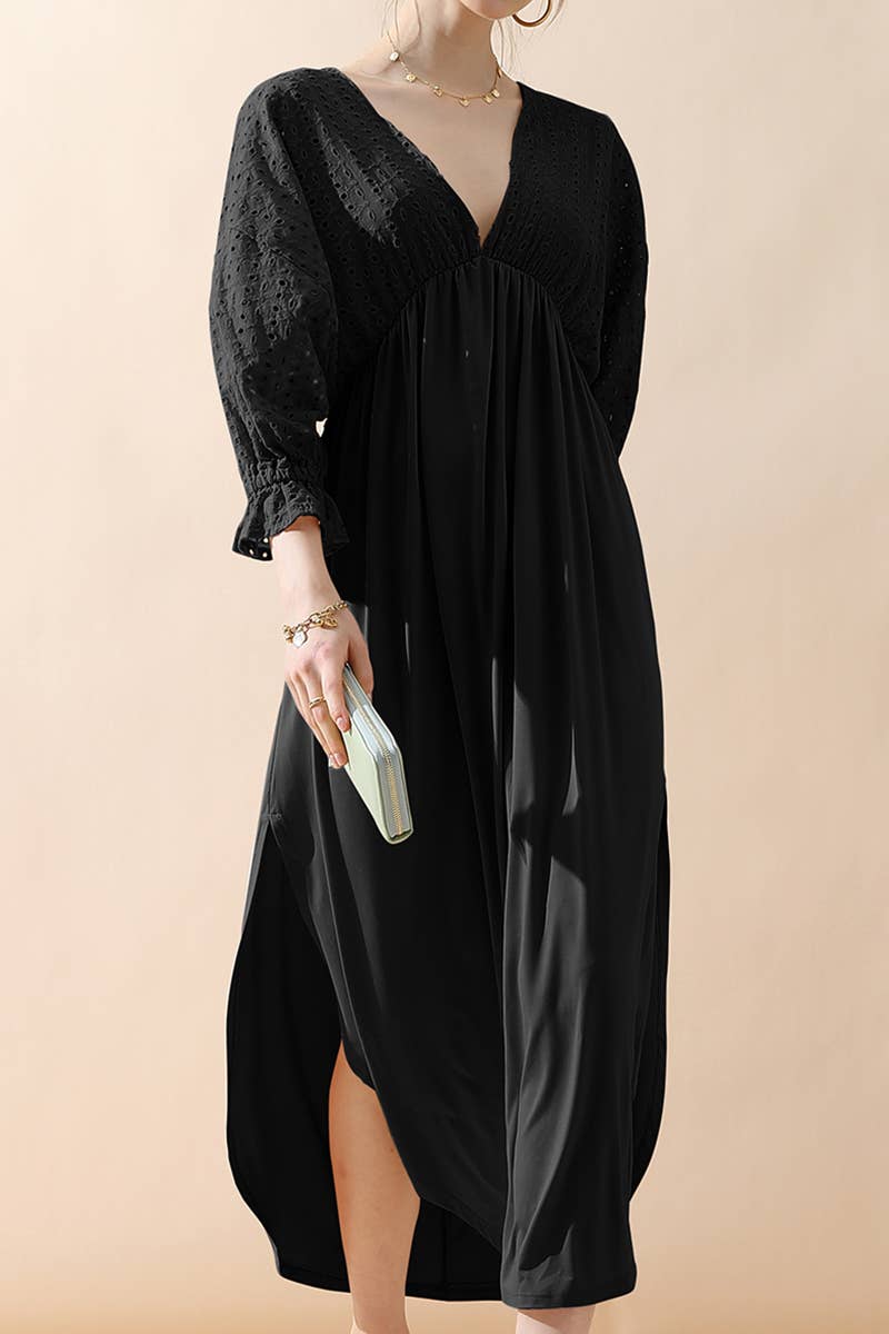 CWDMD795_3/4 SLEEVE V NECK LONG DRESS