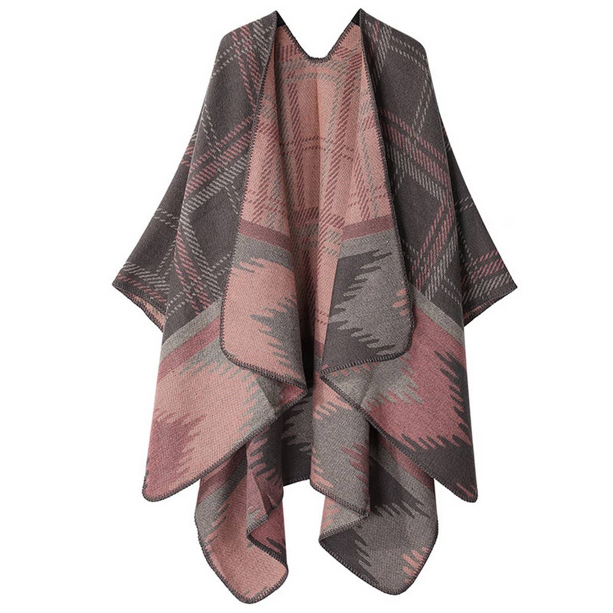 DOUBLE-SIDED PLAID FAUX CASHMERE SHAWL CAPE