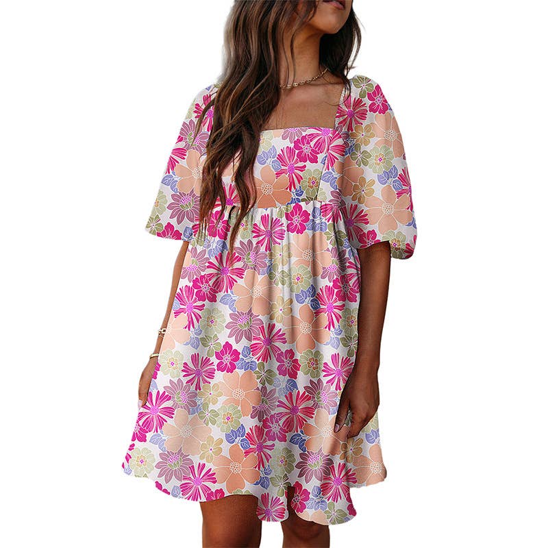 Floral printed backless short-sleeved dress