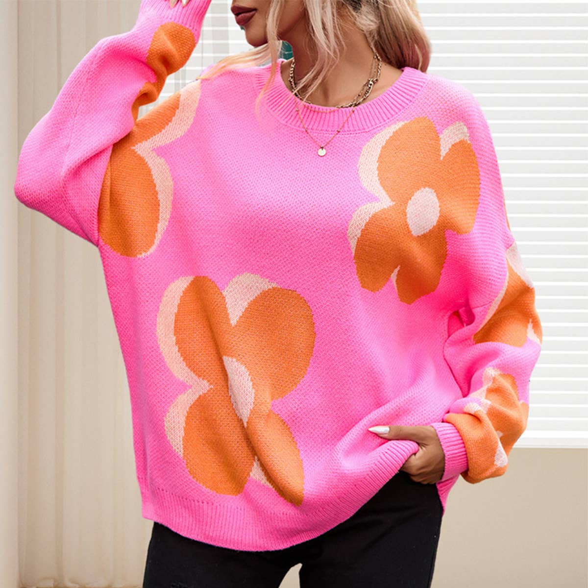 FLORAL PRINT PULLOVER CREW-NECK SWEATER