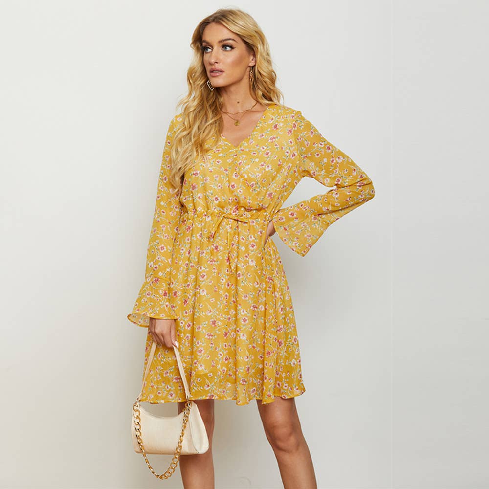 FLORAL LONG-SLEEVED V-NECK BOHO DRESS