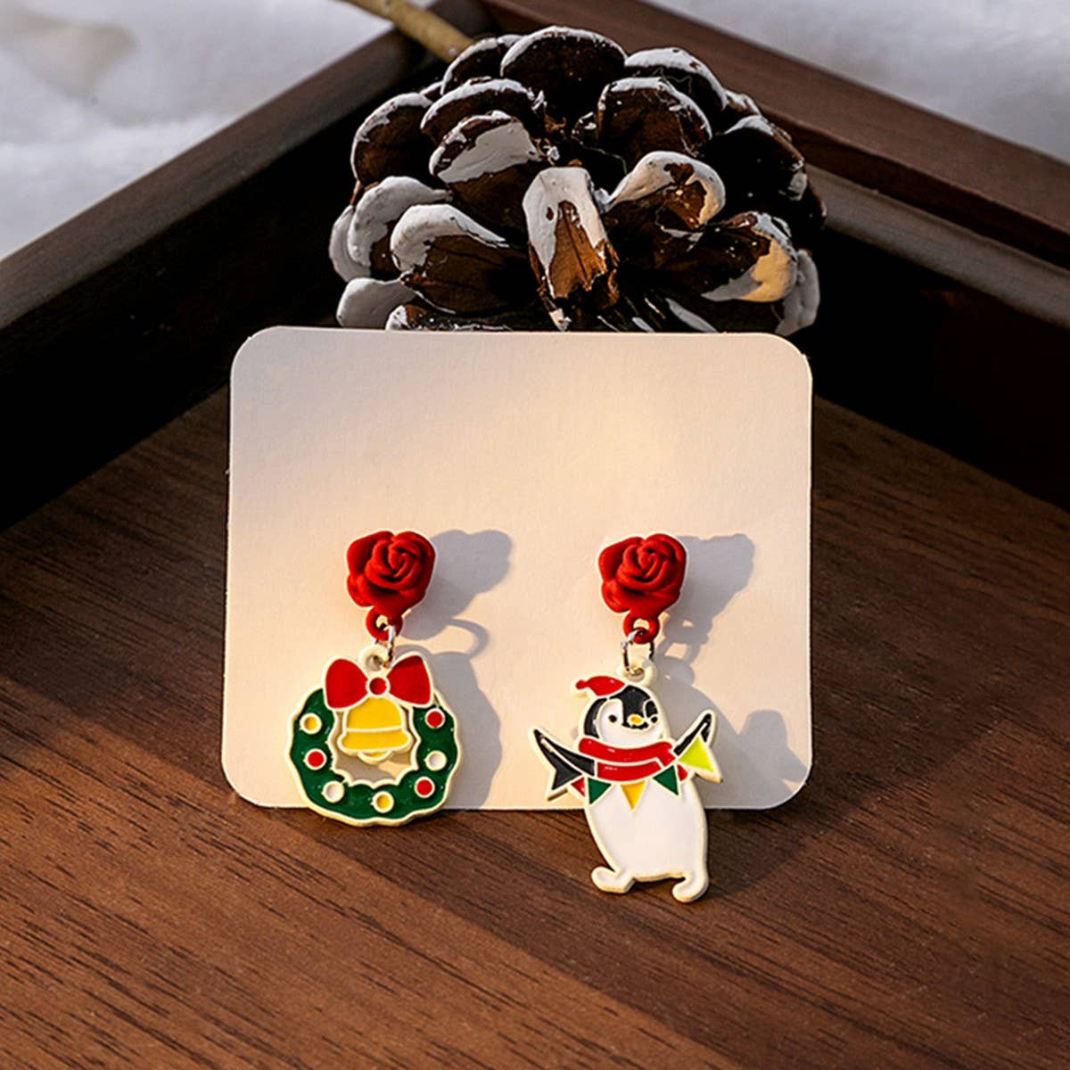 CHRISTMAS ELK BELL BOW ASYMMETRICAL EARRINGS