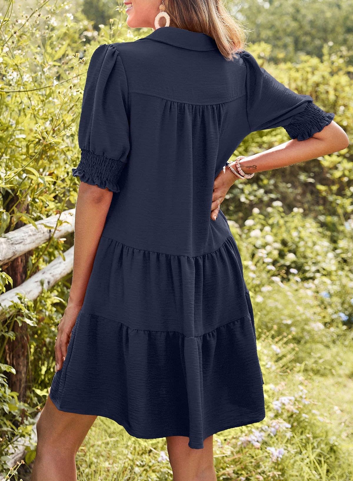 Women¡¯s V-neck colorblock puff sleeve dress
