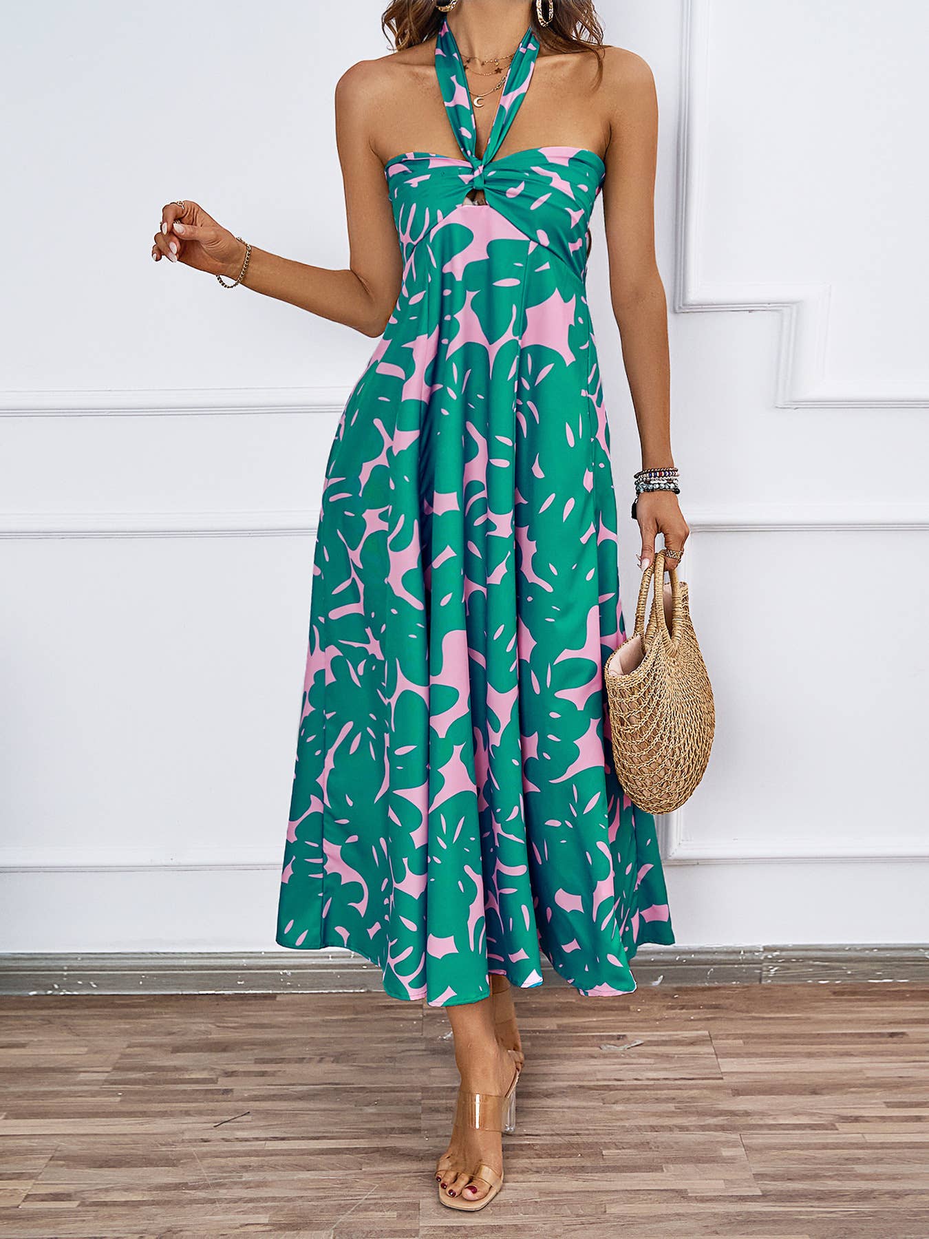 FLORAL PRINT HOLLOWED LACE HALTER LONG DRESS