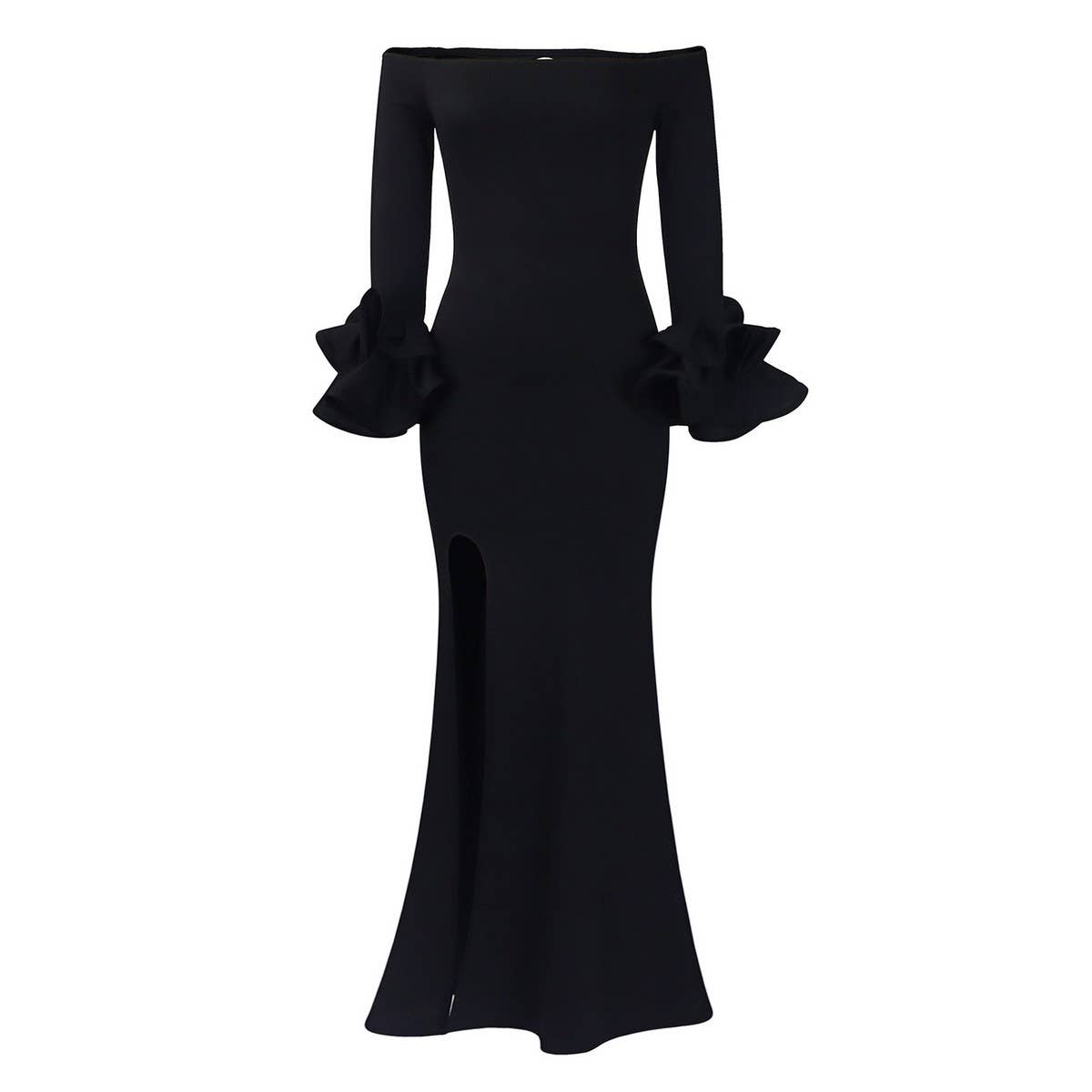ONESHOULDER RUFFLE SLEEVE SLIMFIT DRESS WITH TRAIN_CWDMD3679