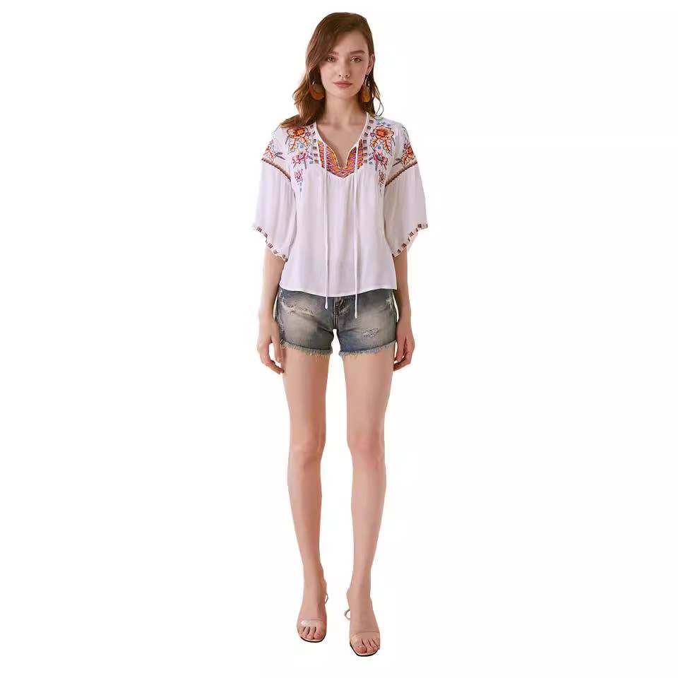 FLORAL EMBROIDERY V-NECK BLOUSE BLOUSE