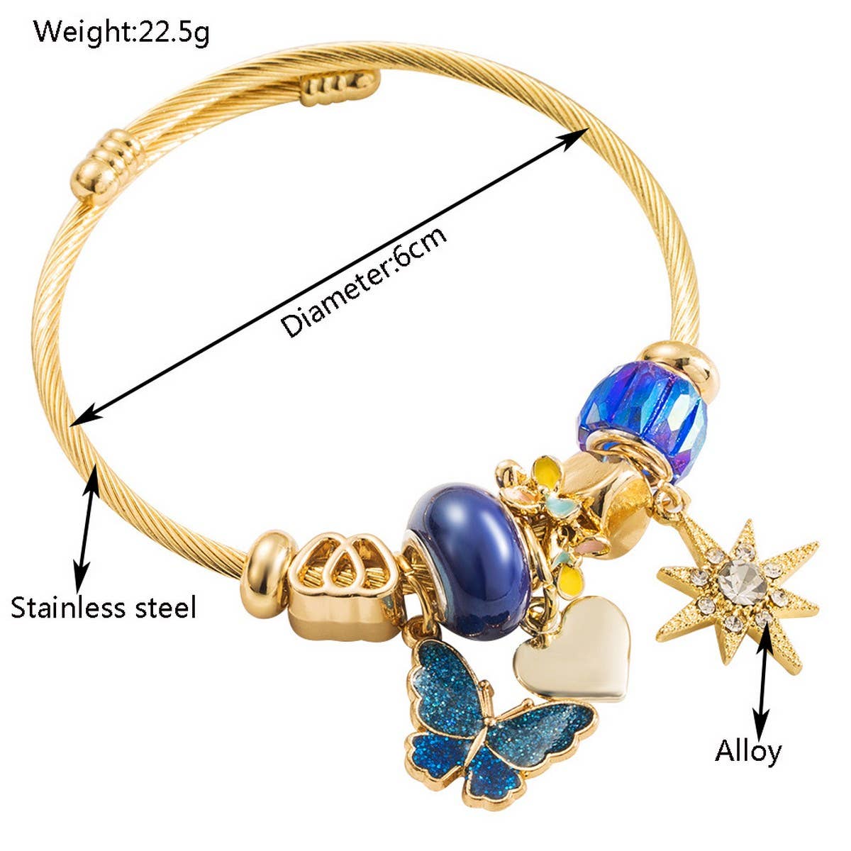 Beaded Steel Bracelet with Enamel Butterfly & Star_CWMM8564