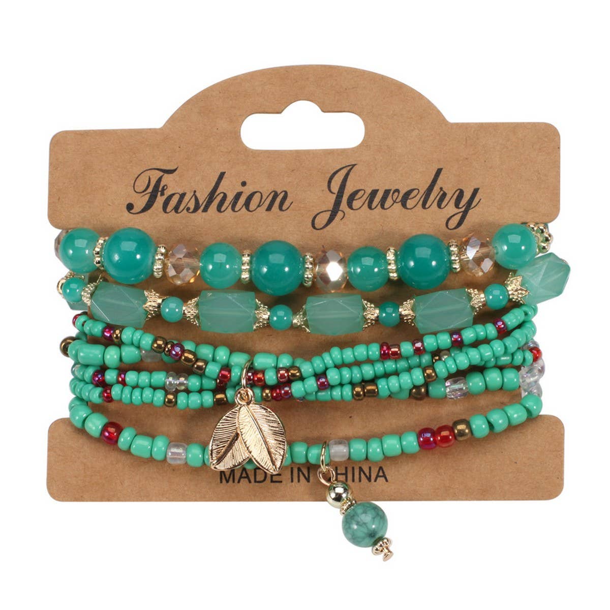 CWMM10461_BOHO MULTI LAYER BEADED LEAF CHARM BRACELET