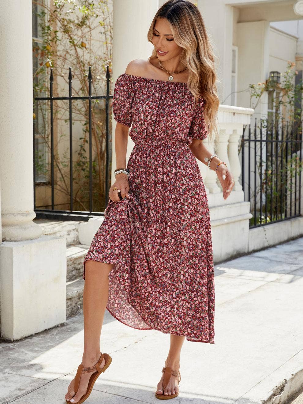 Floral one-line shoulder short sleeve long dress