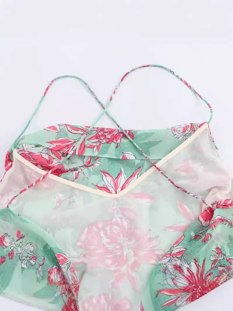 FLORAL PRINT HALTER HALTER DRESS WITH SWING COLLAR